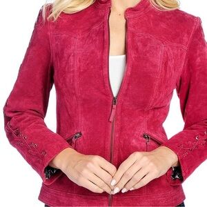 Oso Casuals Suede Leather Moto Jacket Bomber Zip Up Red Maroon Pink Size 1X